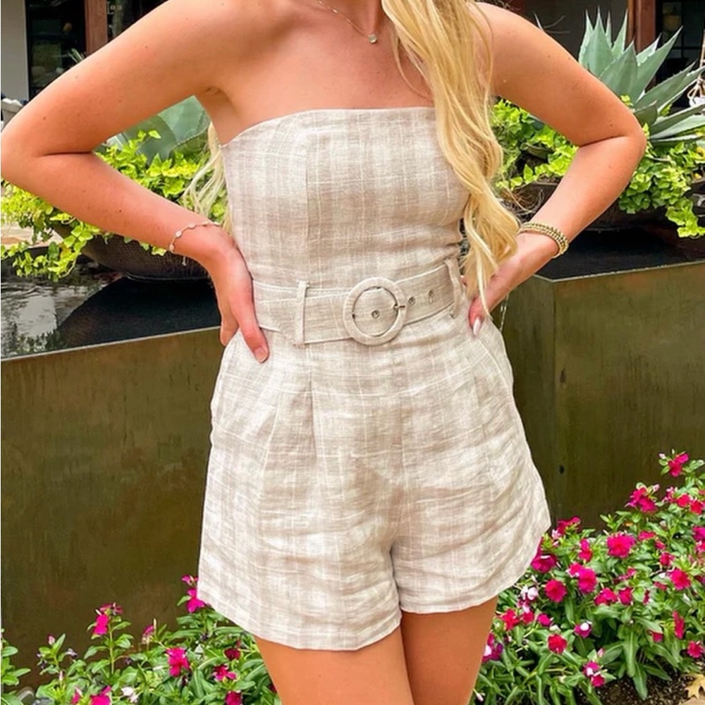 Strapless Linen-Blend Belted Romper in Light Beige